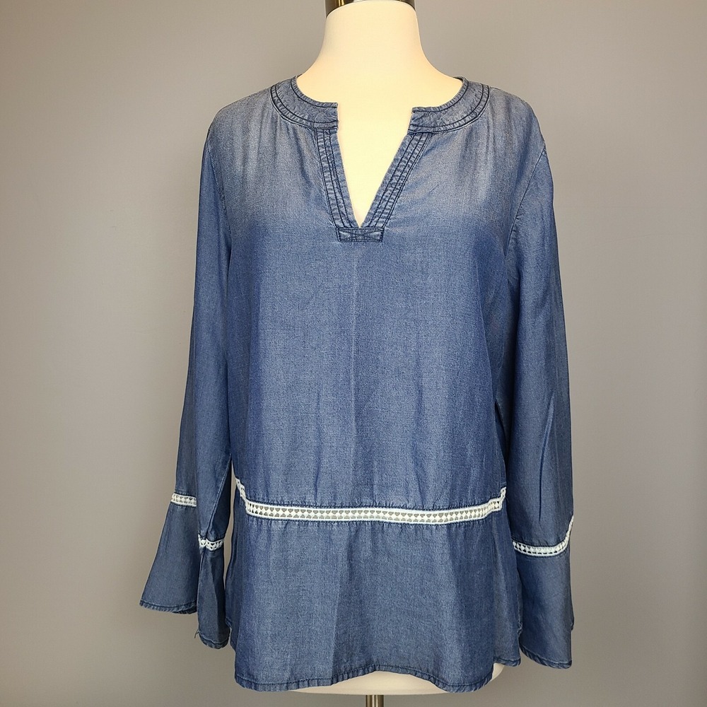 Fourteeth Place Pullover Top Shirt Blouse Long Sleeve Size Large Blue Denim